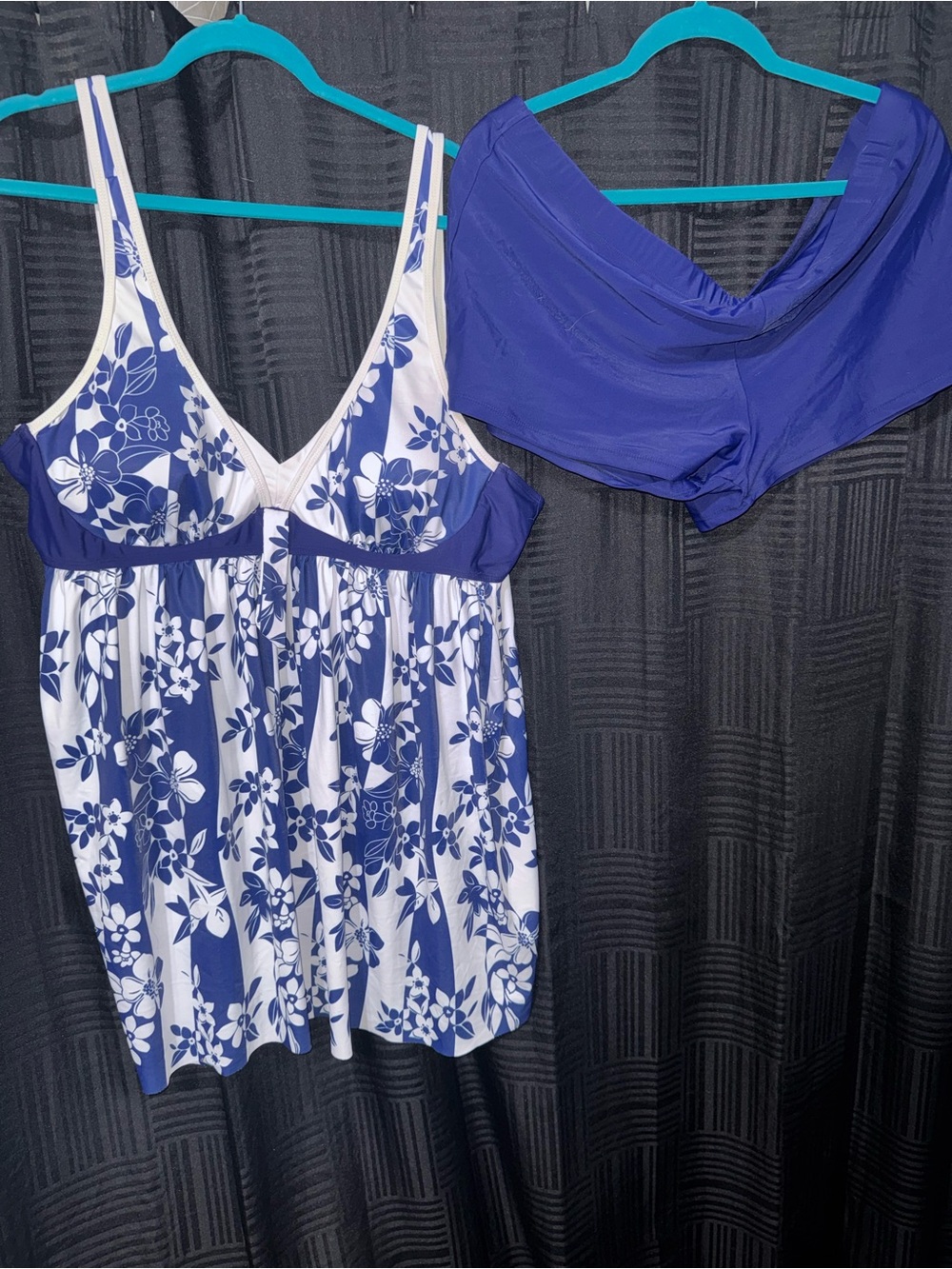 Blue Floral Tankini Swim Top with Solid Blue Swim Shorts